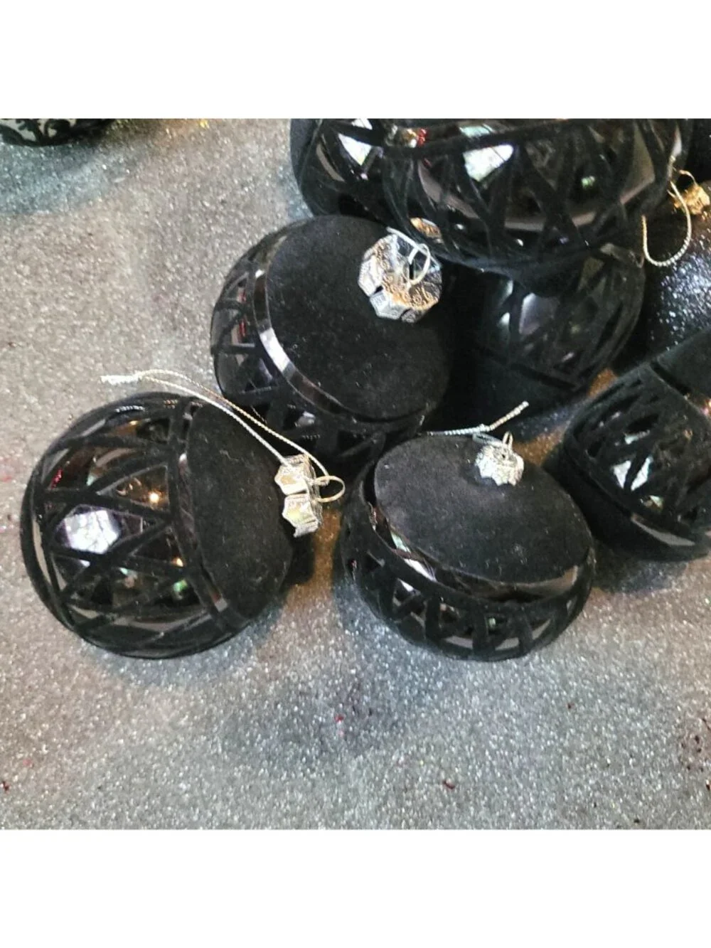Ornaments Set 14 With Black Texture Velvet & Glitter Intricate Pattern Christmas